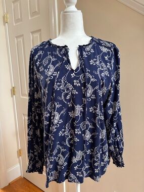 Talbots Navy and White Paisley Long-Sleeve Peasant Blouse